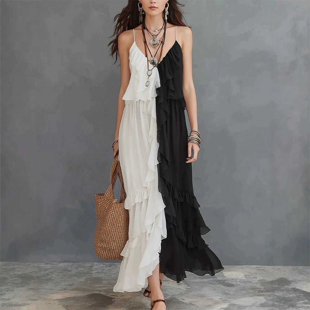 ZARA Black White Colorblock Strap Maxi Chiffon Dress Asymmetric Ruffle Collar